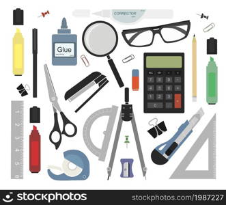 Set of stationery tools. Marker, paper clip, pen, binder, clip, ruler, glue, zoom, scissors, scotch tape, stapler, corrector, glasses, pencil, calculator, eraser, knife, compasses, protractor. Stationery set. Color