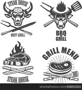 Set of steak house emblem templates. Bbq grill menu. Design element for logo, label, emblem, sign. Vector illustration