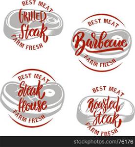 Set of steak house emblem templates on white background. Grilled steak. Barbecue. Design element for logo, label, emblem, sign. Vector illustration.