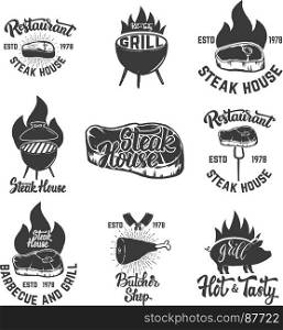 Set of steak house emblems. Grilled meat. Design element for logo, label, emblem, sign, badge. Vector illustration