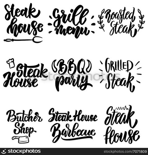 Set of steak house, grill menu, bbq party lettering. Design element for poster, card, banner, menu. Vector illustration