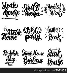 Set of steak house, grill menu, bbq party lettering. Design element for poster, card, banner, menu. Vector illustration