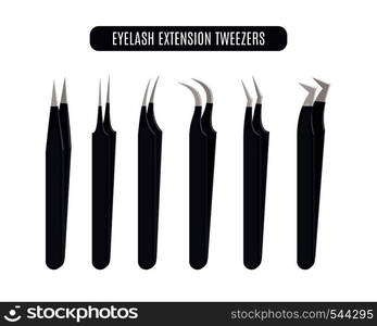 Set of steel tweezers isolated on white background. Eyelash Extension Tools. Vector illustration.. Set of steel tweezers isolated on white.