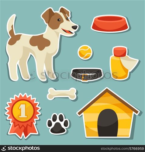 Set of sticker icons and objects with cute dog.
