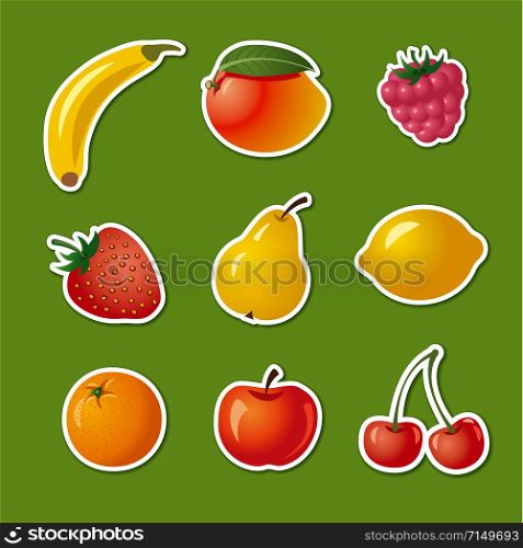 set of stickers and badges of different fruits . stickers of different fruits