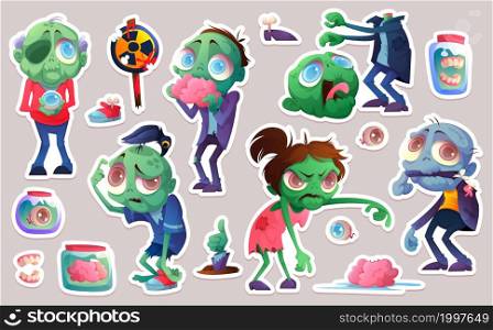 Set of stickers cartoon zombie, funny halloween characters, brain, eye ball, headless corpse with raised arms, jaw in glass jar, hand stick up from grave, hazard lollipop Vector illustration, clip art. Set of stickers cartoon zombie, funny characters