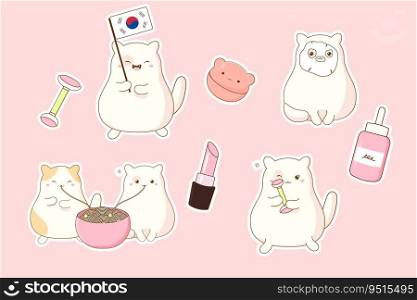 set of stickers cute korean cat and cosmetics. Vector illustration on be. set of stickers cute korean cat and cosmetics
