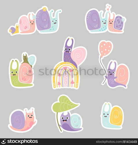 Set of stickers cute snails. Decorative snail characters on rainbow, under leaf and with balloon, family with baby and pair of insects in love. Vector illustration. Isolated elements for design, decor