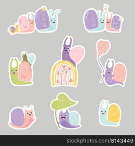 Set of stickers cute snails. Decorative snail characters on rainbow, under leaf and with balloon, family with baby and pair of insects in love. Vector illustration. Isolated elements for design, decor