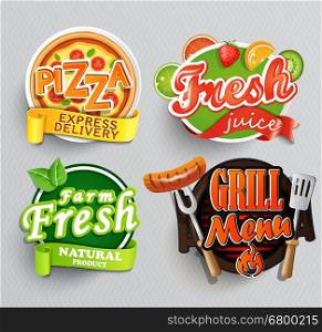 Set of stickers for food farm fresh,pizza, fresh juice and grill. Vector.