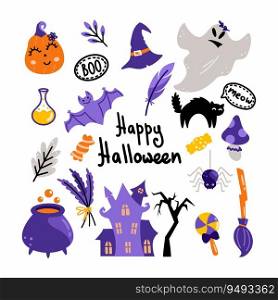 Set of stickers for Halloween holiday. Vector illustration in doodles. Witch castle, pumpkin and magic symbols.