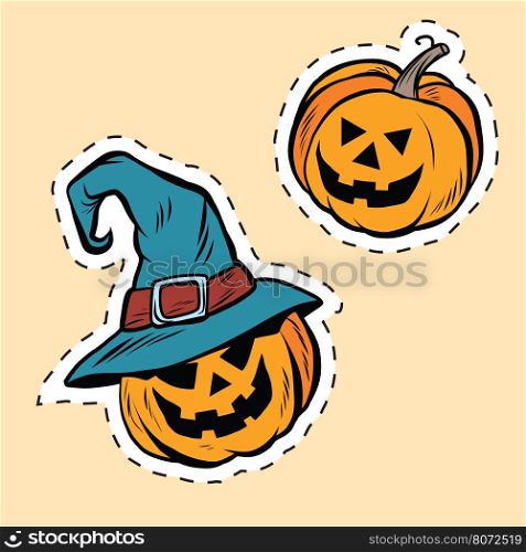 Set of stickers Halloween evil pumpkin, pop art retro vector illustration