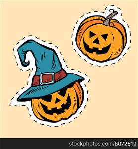 Set of stickers Halloween evil pumpkin, pop art retro vector illustration