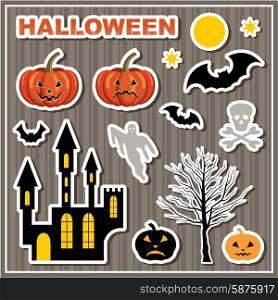Set of stickers Halloween. Lock, bats, pumpkin, skull and ghost. Vector illustration
