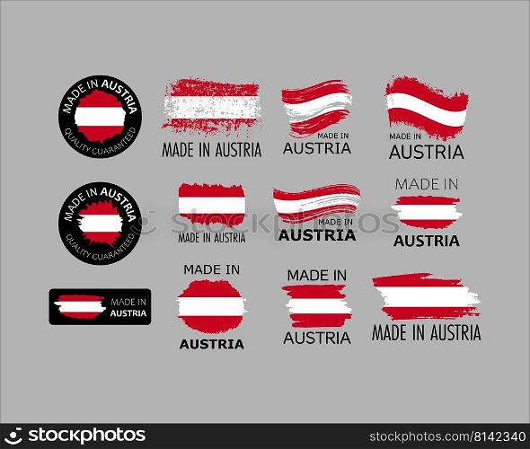 Set of stickers. Made in Austria. Brush strokes shaped with Austrian flag. Factory, manufacturing and production country concept. Design element for label and packaging. Vector colorful illustration.. Set of stickers. Made in Austria. Brush strokes shaped with Austrian flag. Factory, manufacturing and production country concept. Design element for label and packaging. Vector 