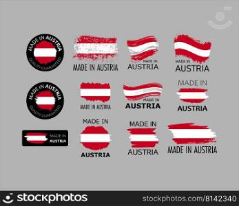 Set of stickers. Made in Austria. Brush strokes shaped with Austrian flag. Factory, manufacturing and production country concept. Design element for label and packaging. Vector colorful illustration.. Set of stickers. Made in Austria. Brush strokes shaped with Austrian flag. Factory, manufacturing and production country concept. Design element for label and packaging. Vector 