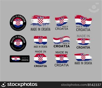 Set of stickers. Made in Croatia. Brush strokes shaped with Croatian flag. Factory, manufacturing and production country concept. Design element for label and packaging. Vector colorful illustration.. Set of stickers. Made in Croatia. Brush strokes shaped with Croatian flag. Factory, manufacturing and production country concept. Design element for label and packaging. Vector 
