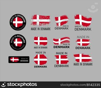 Set of stickers. Made in Denmark. Brush strokes shaped with Danish flag. Factory, manufacturing and production country concept. Design element for label and packaging. Vector colorful illustration.. Set of stickers. Made in Denmark. Brush strokes shaped with Danish flag. Factory, manufacturing and production country concept. Design element for label and packaging. Vector 