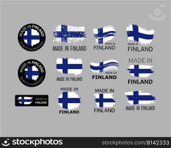 Set of stickers. Made in Finland. Brush strokes shaped with Finnish flag. Factory, manufacturing and production country concept. Design element for label and packaging. Vector colorful illustration.. Set of stickers. Made in Finland. Brush strokes shaped with Finnish flag. Factory, manufacturing and production country concept. Design element for label and packaging. Vector 