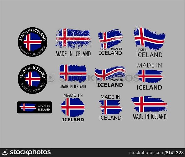 Set of stickers. Made in Iceland. Brush strokes shaped with Icelandic flag. Factory, manufacturing and production country concept. Design element for label and packaging. Vector colorful illustration.. Set of stickers. Made in Iceland. Brush strokes shaped with Icelandic flag. Factory, manufacturing and production country concept. Design element for label and packaging. Vector 