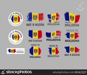 Set of stickers. Made in Moldova. Brush strokes shaped with Moldavian flag. Factory, manufacturing and production country concept. Design element for label and packaging. Vector colorful illustration.. Set of stickers. Made in Moldova. Brush strokes shaped with Moldavian flag. Factory, manufacturing and production country concept. Design element for label and packaging. Vector 