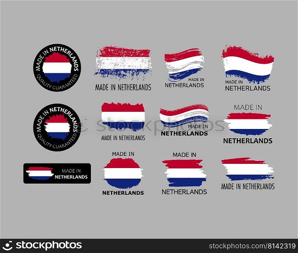 Set of stickers. Made in Netherlands. Brush strokes shaped with Dutch flag. Factory, manufacturing and production country concept. Design element for label and packaging. Vector colorful illustration.. Set of stickers. Made in Netherlands. Brush strokes shaped with Dutch flag. Factory, manufacturing and production country concept. Design element for label and packaging. Vector 