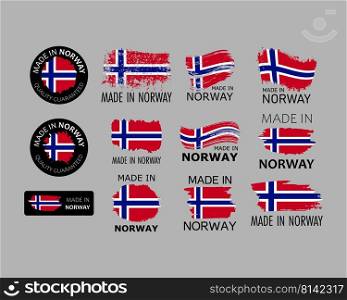 Set of stickers. Made in Norway. Brush strokes shaped with Norwegian flag. Factory, manufacturing and production country concept. Design element for label and packaging. Vector colorful illustration.. Set of stickers. Made in Norway. Brush strokes shaped with Norwegian flag. Factory, manufacturing and production country concept. Design element for label and packaging. Vector 