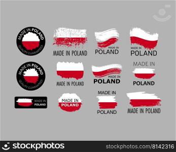 Set of stickers. Made in Poland. Brush strokes shaped with Polish flag. Factory, manufacturing and production country concept. Design element for label and packaging. Vector colorful illustration.. Set of stickers. Made in Poland. Brush strokes shaped with Polish flag. Factory, manufacturing and production country concept. Design element for label and packaging. Vector 