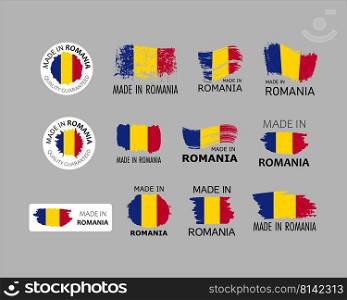 Set of stickers. Made in Romania. Brush strokes shaped with Romanian flag. Factory, manufacturing and production country concept. Design element for label and packaging. Vector colorful illustration.. Set of stickers. Made in Romania. Brush strokes shaped with Romanian flag. Factory, manufacturing and production country concept. Design element for label and packaging. Vector 