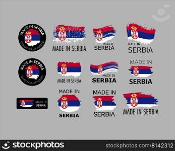 Set of stickers. Made in Serbia. Brush strokes shaped with Serbian flag. Factory, manufacturing and production country concept. Design element for label and packaging. Vector colorful illustration.. Set of stickers. Made in Serbia. Brush strokes shaped with Serbian flag. Factory, manufacturing and production country concept. Design element for label and packaging. Vector 