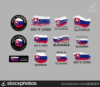 Set of stickers. Made in Slovakia. Brush strokes shaped with Slovakian flag. Factory, manufacturing and production country concept. Design element for label and packaging. Vector colorful illustration.. Set of stickers. Made in Slovakia. Brush strokes shaped with Slovakian flag. Factory, manufacturing and production country concept. Design element for label and packaging. Vector 