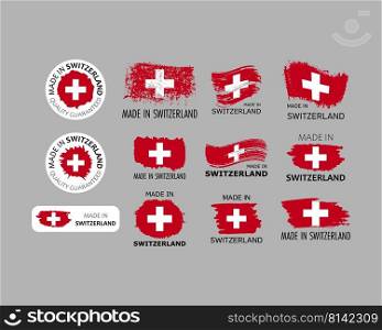 Set of stickers. Made in Switzerland. Brush strokes shaped with Swiss flag. Factory, manufacturing and production country concept. Design element for label and packaging. Vector colorful illustration.. Set of stickers. Made in Switzerland. Brush strokes shaped with Swiss flag. Factory, manufacturing and production country concept. Design element for label and packaging. Vector 