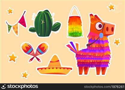 Set of stickers Mexican pinata donkey, colorful toy with treats, cactus, maracas, sombrero and flag garland for child birthday. Viva Mexico party celebration, carnival or fiesta Cartoon vector patches. Set of stickers Mexican pinata donkey, cactus