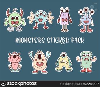 Set of stickers monsters. Collection of baby stickers with cute funny characters. Fictional heroes isolated vector illustration. Set of stickers monsters