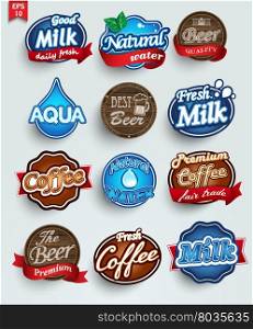 Set of stickers of different drinks . Vector. Set of 16 stickers