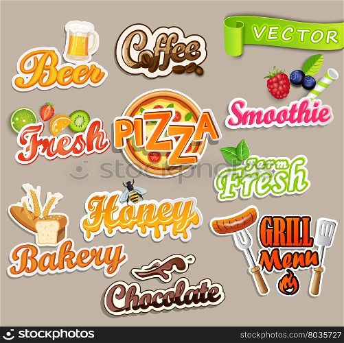 Set of stickers of food - farm fresh and pizza, fresh juice and grill, beer and bakery, chocolate and coffee, smoothie and honey.