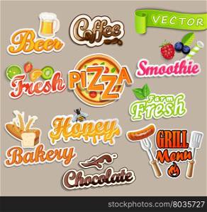 Set of stickers of food - farm fresh and pizza, fresh juice and grill, beer and bakery, chocolate and coffee, smoothie and honey.