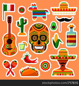 Set of stickers on Mexican subject on orange background