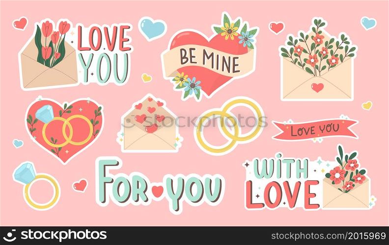 Set of stickers Valentine&rsquo;s Day. Collection of love symbol and romantic elements. Hand drawn 14 february isolated bundle. Flat cartoon vector illustration.. Set of stickers Valentine&rsquo;s Day. Collection of love symbol and romantic elements. Hand drawn 14 february isolated bundle. Flat cartoon vector illustration