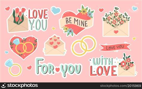 Set of stickers Valentine&rsquo;s Day. Collection of love symbol and romantic elements. Hand drawn 14 february isolated bundle. Flat cartoon vector illustration.. Set of stickers Valentine&rsquo;s Day. Collection of love symbol and romantic elements. Hand drawn 14 february isolated bundle. Flat cartoon vector illustration