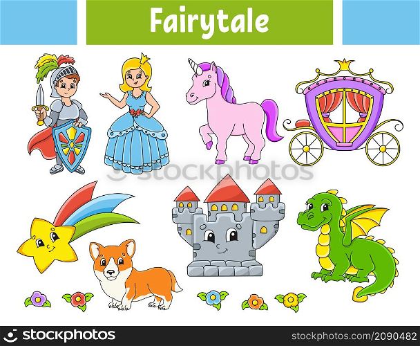 Set of stickers with cute cartoon characters. Fantasy clipart. Hand drawn. Colorful pack. Vector illustration. Patch badges collection for kids. For daily planner, organizer, diary.