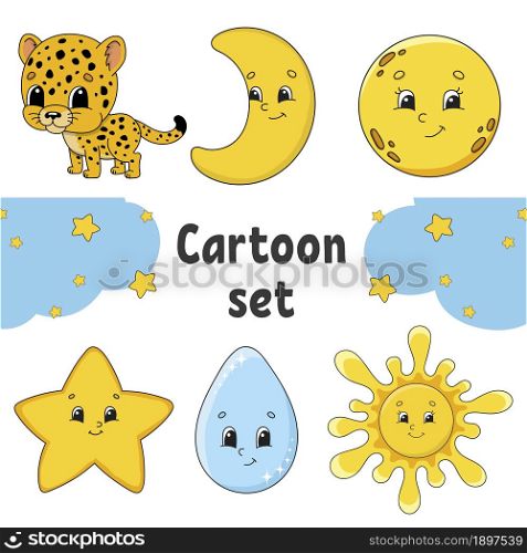 Set of stickers with cute cartoon characters. Hand drawn. Colorful pack. Vector illustration. Patch badges collection for kids. For daily planner, organizer, diary.
