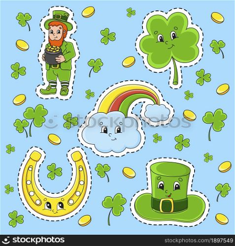 Set of stickers with cute cartoon characters. St. Patrick&rsquo;s Day. Hand drawn. Colorful pack. Vector illustration. Patch badges collection. Label design elements. For daily planner, diary, organizer.