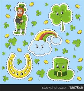 Set of stickers with cute cartoon characters. St. Patrick&rsquo;s Day. Hand drawn. Colorful pack. Vector illustration. Patch badges collection. Label design elements. For daily planner, diary, organizer.