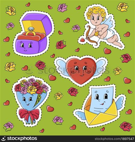 Set of stickers with cute cartoon characters. Valentine&rsquo;s Day clipart. Hand drawn. Colorful pack. Vector illustration. Patch badges collection. Label design elements. For daily planner, diary.