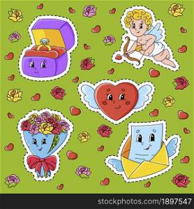 Set of stickers with cute cartoon characters. Valentine&rsquo;s Day clipart. Hand drawn. Colorful pack. Vector illustration. Patch badges collection. Label design elements. For daily planner, diary.