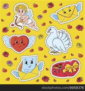 Set of stickers with cute cartoon characters. Valentine’s Day clipart. Hand drawn. Colorful pack. Vector illustration. Patch badges collection. Label design elements. For daily planner, diary.