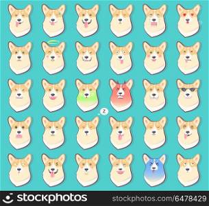 Set of stickers with emotions of dog vector illustrations set. Funny canine faces with different emotional states as pleasure, cry or disappointment vector. Set of Stickers with Emotions of Dog Vector. Set of Stickers with Emotions of Dog Vector