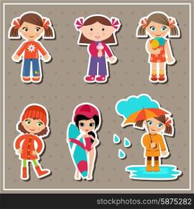 Set of stickers with little girls. Vector illustration