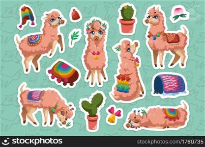 Set of stickers with Llama, Peru alpaca animal cartoon character. Mexican Lama mascot with cute face wear tassels on ears and blanket sitting, sleeping, grazing and stand isolated cut out patches. Set of stickers with Llama, Peru alpaca animal